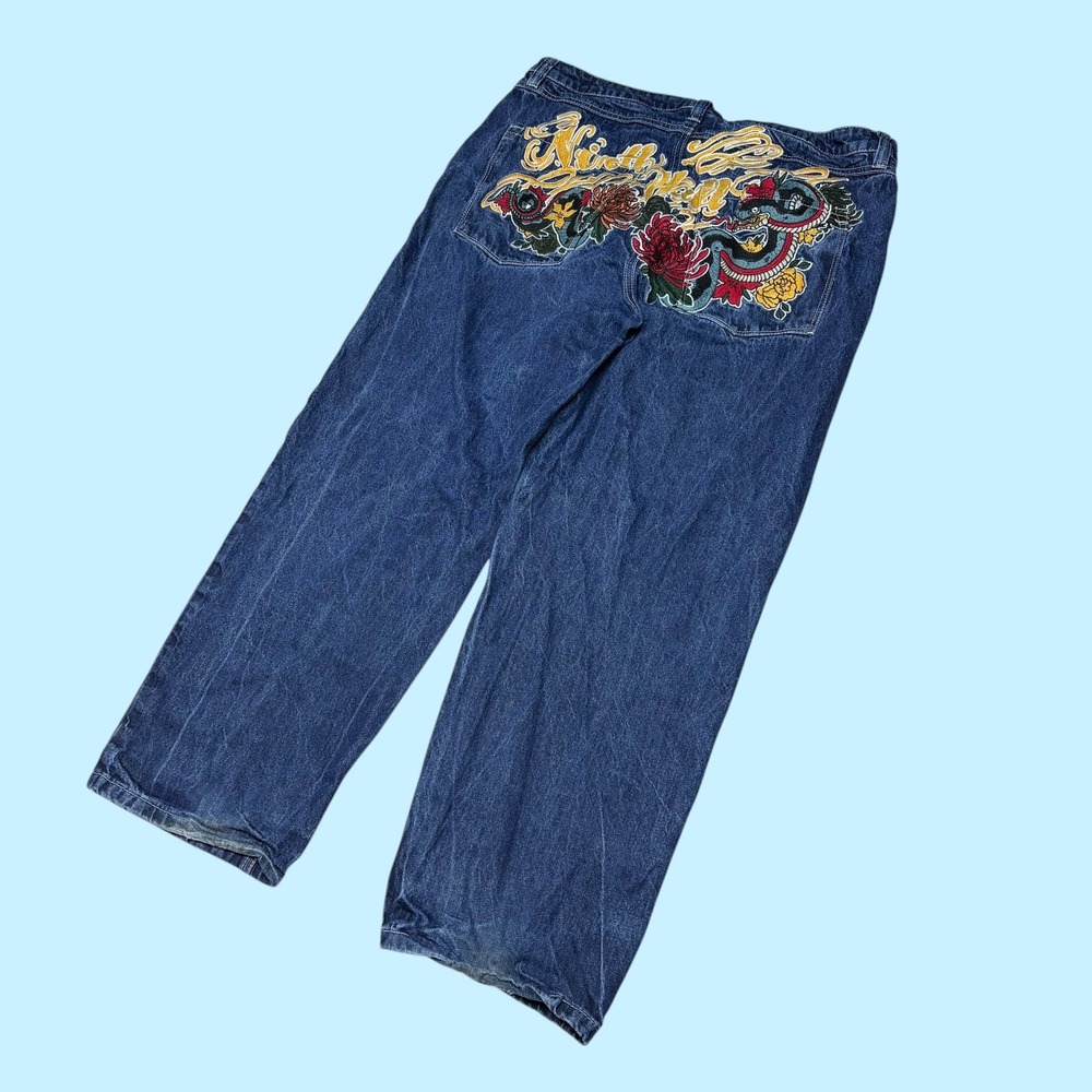 Ninth Hall Ambush Mens 38 Embroidered Snake Flower Wide Leg Baggy Jeans Blue